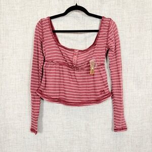 BDG Urban Outfitters Striped Babydoll Henley Long Sleeve Sz L Y2K Cropped NWT